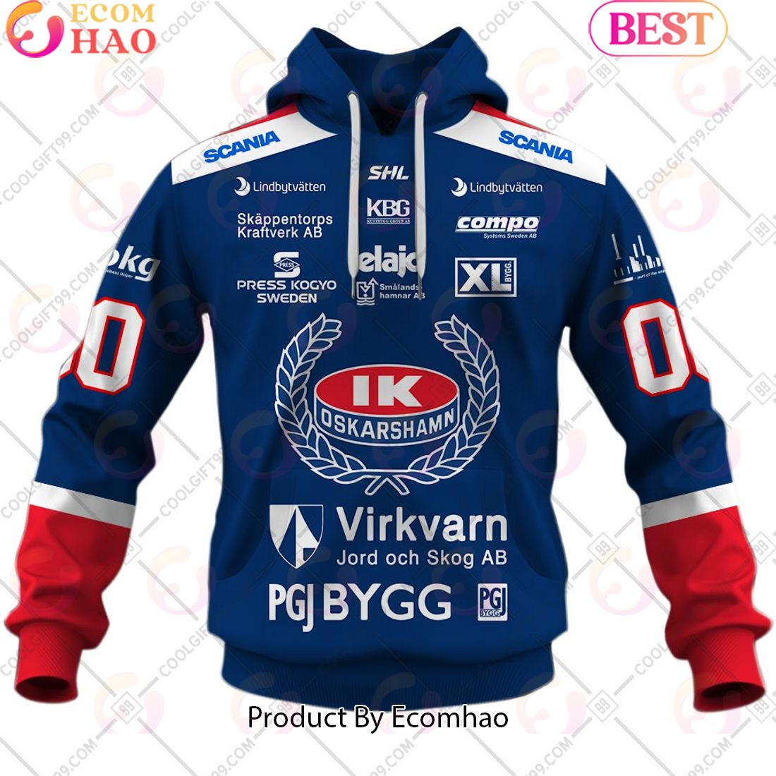 Custom Name And Number SHL IK Oskarshamn Home Jersey Style 3D Hoodie, Zip Hoodie, Man - Women, Warm, Premium Quality HZ0501