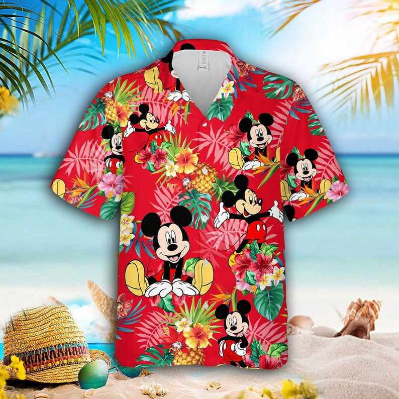 Mickey Mouse Disney Pineapple Hibiscus All Over Print 3D Hawaiian Shirt – Red HW0601