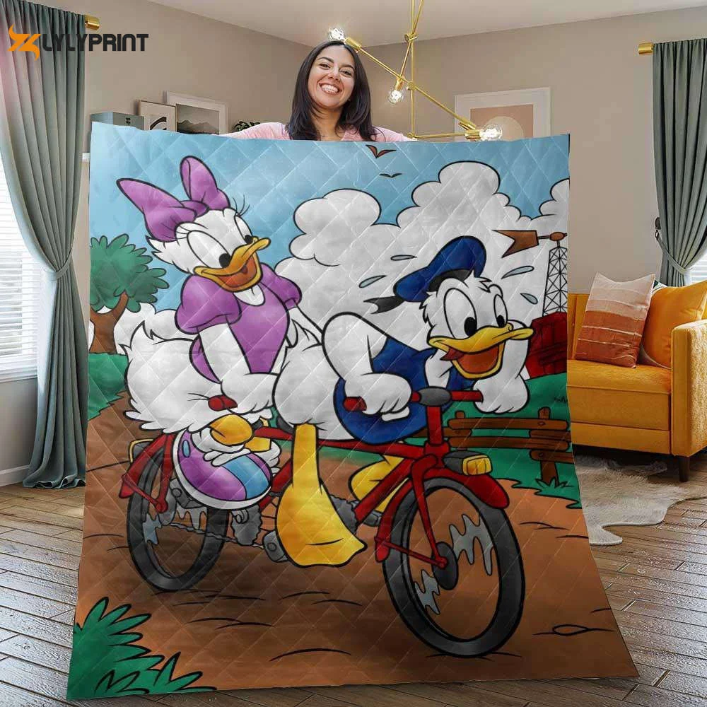 Donald Duck, Donald Duck Quilt Blanket, Donald Duck Gift For Fan, Donald Duck And Daisy Duck Riding A Bike Quilt Blanket , Soft Quilt, King Size, All Season Cozy Quilt QB0901