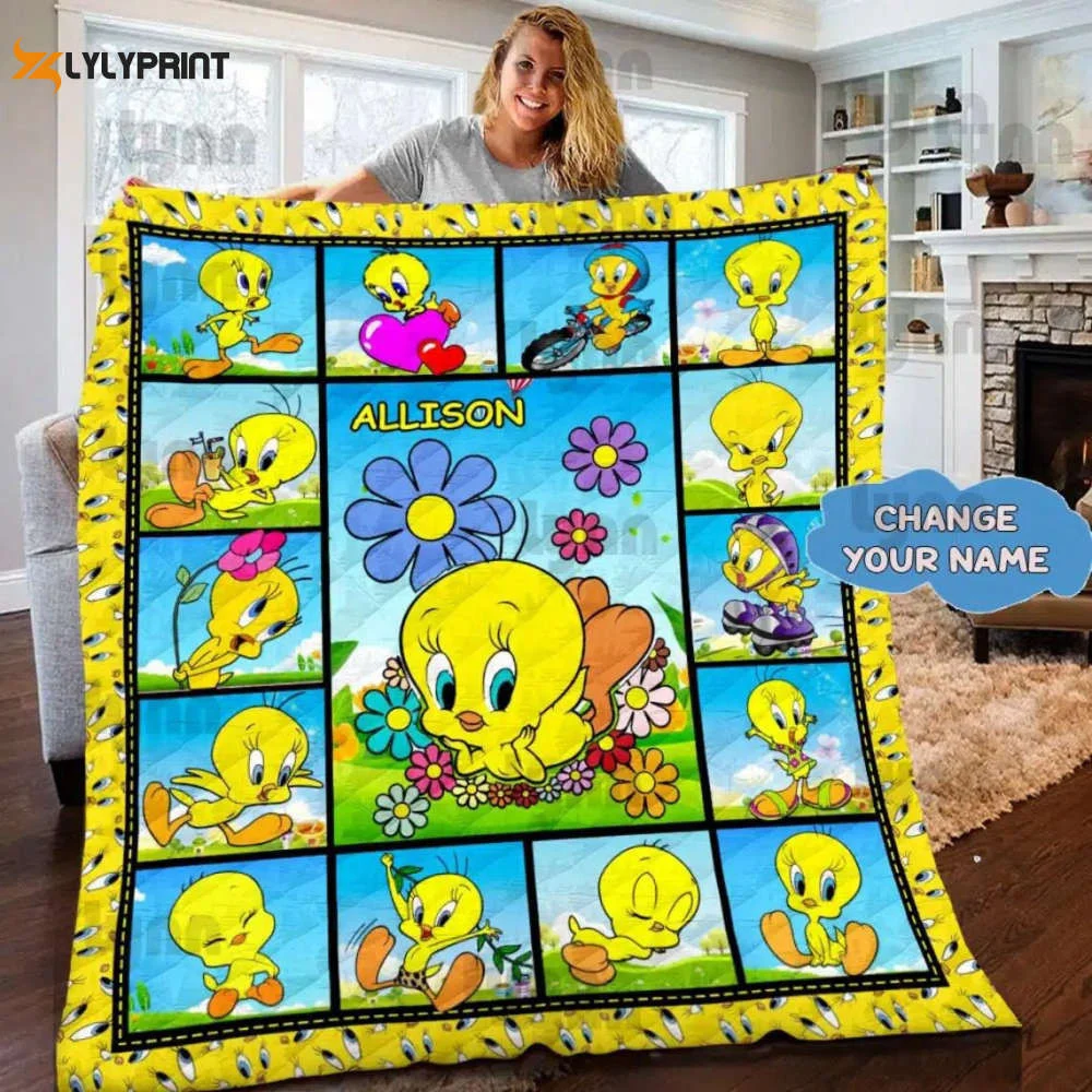 Tweety Bird Custom Name Quilt Blanket , Soft Quilt, King Size, All Season Cozy Quilt QB0901