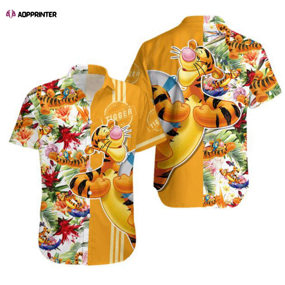 Tigger the Tiger Floral Hawaii Beach Pattern Disney Hawaiian Button Down Shirt HW0601