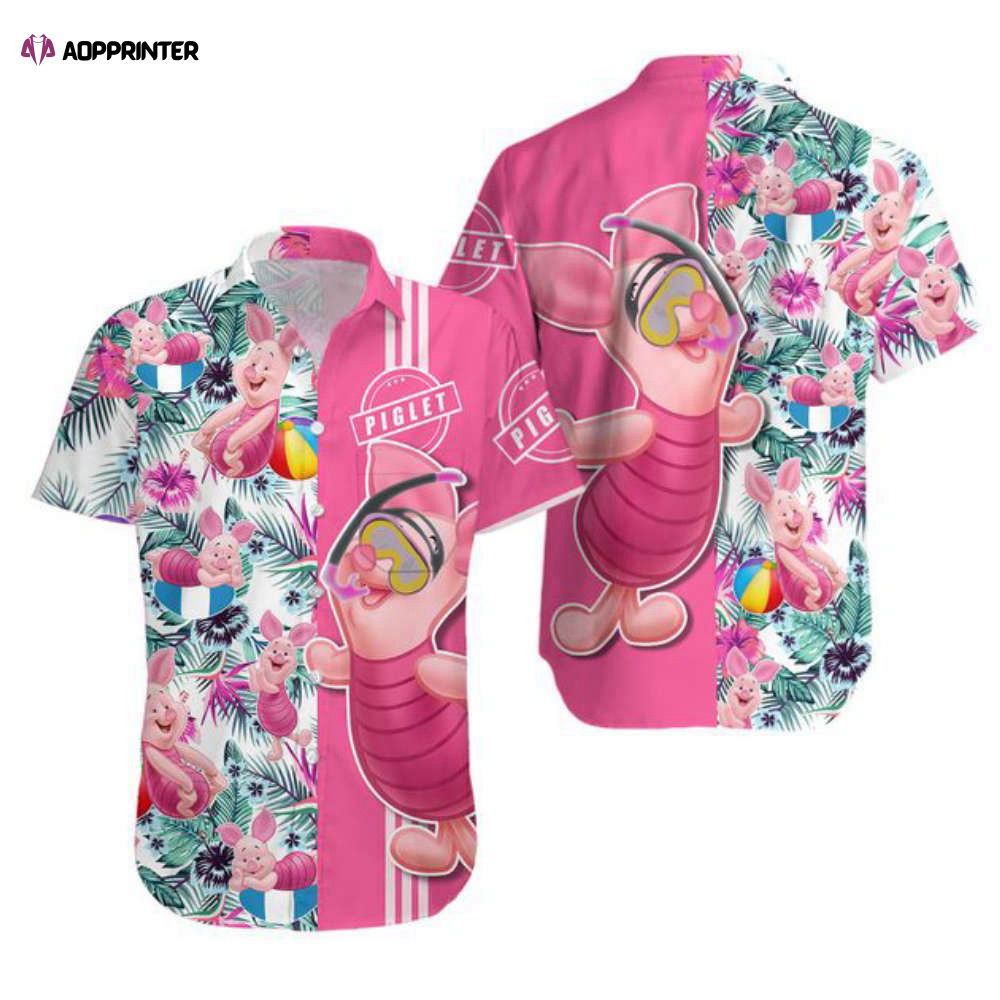Piglet Pink Floral Hawaii Beach Pattern Disney Hawaiian Button Down Shirt HW0601