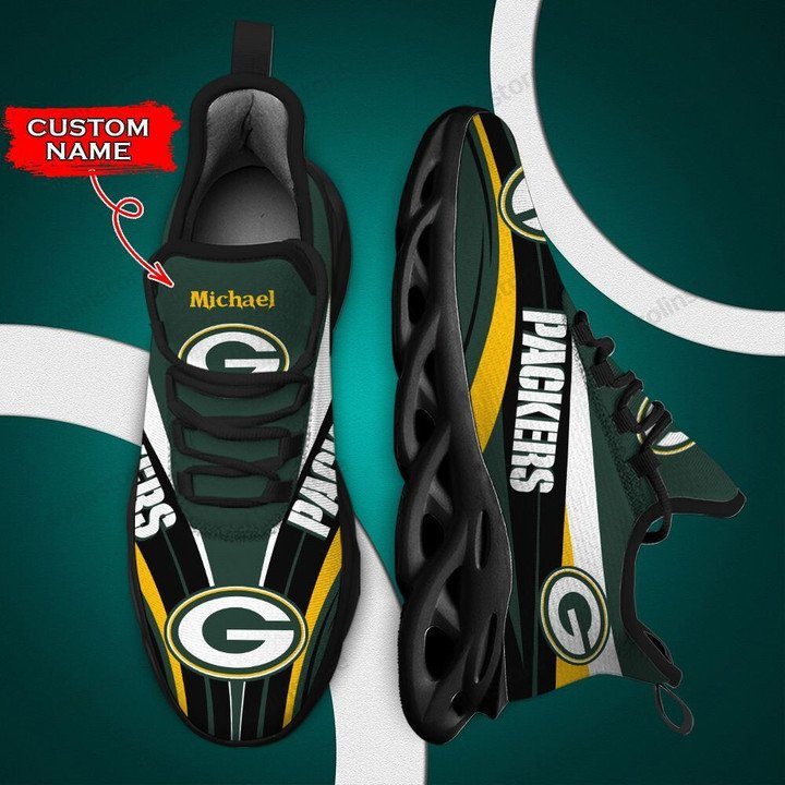 NFL Green Bay Packers Custom Name Green White Yellow Curve Max Soul Shoes for Women and Men MS0601