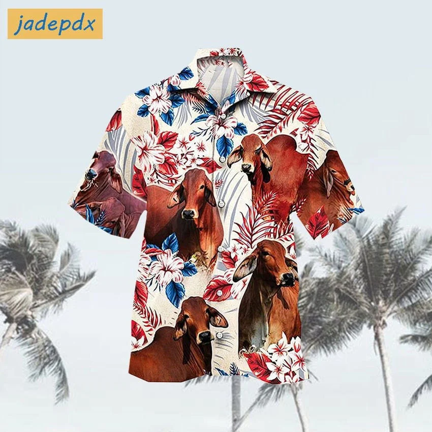 Floral Tropical Red Cow American Flag Hawaiian Shirt, Gift For Men And Women HW0601