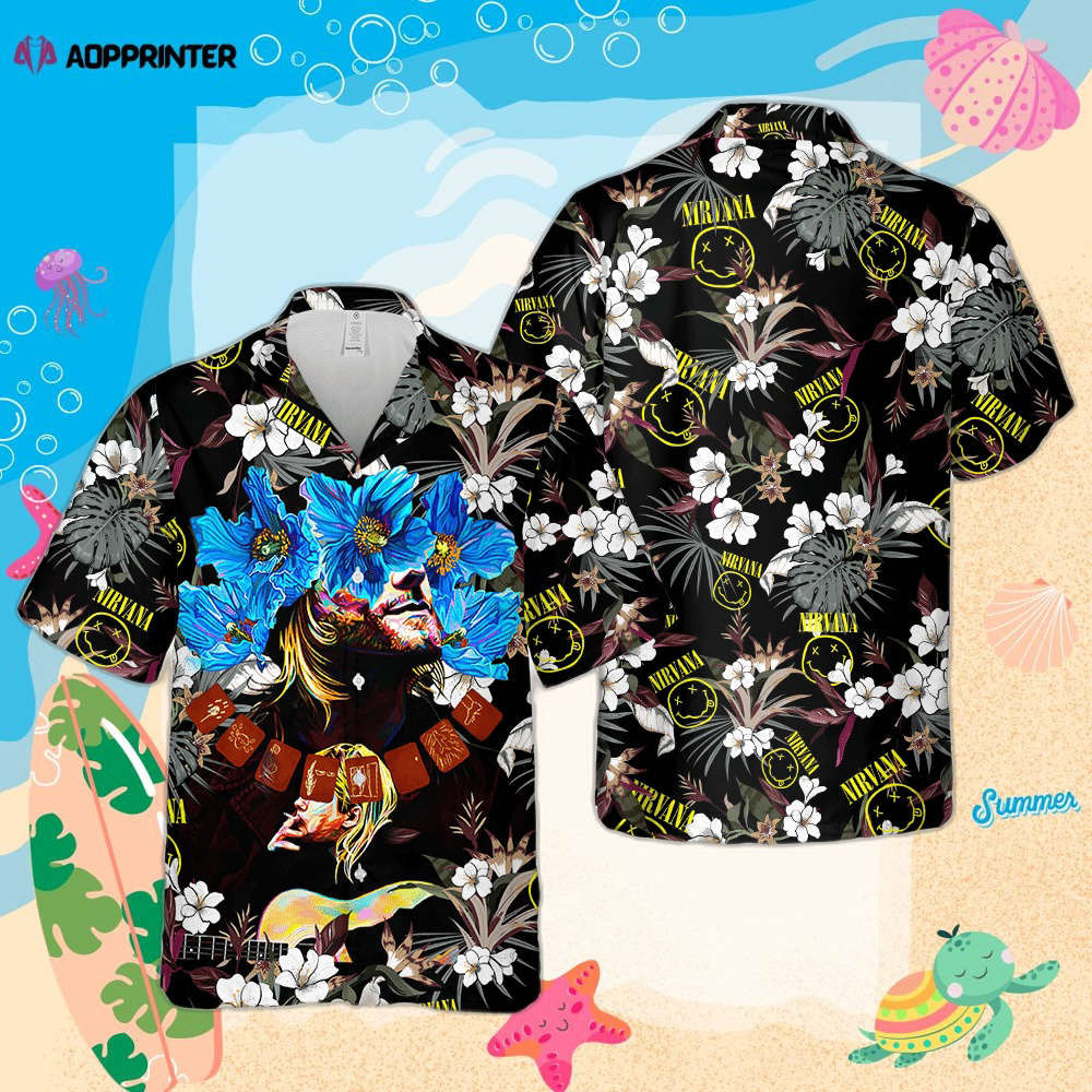 Nirvana Merch Kurt Cobain Art Rock Music Blue Flowers Cuban Shirt Premium Unique Hawaiian Shirt HW0601