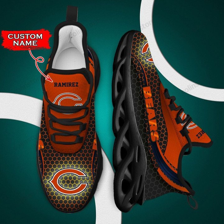 NFL Chicago Bears Custom Name Orange Black Golden Hole Max Soul Shoes for Women and Men MS0601