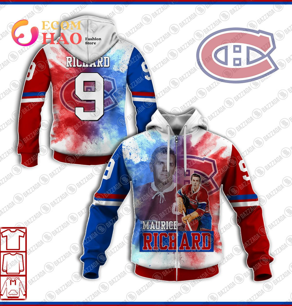 3D Hoodie Maurice Richard 9 Montreal Canadiens, Zip Hoodie, Man - Women, Warm, Premium Quality HZ0501