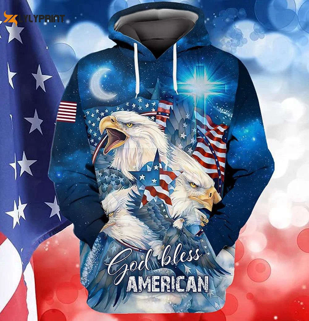 American Flag With Bald Eagle And Cross In Galaxy 3D Hoodie HZ0501