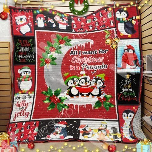 Penguin Christmas 3D Customized Quilt ,  Soft Quilt, King Size, All Season Cozy Quilt QB0901