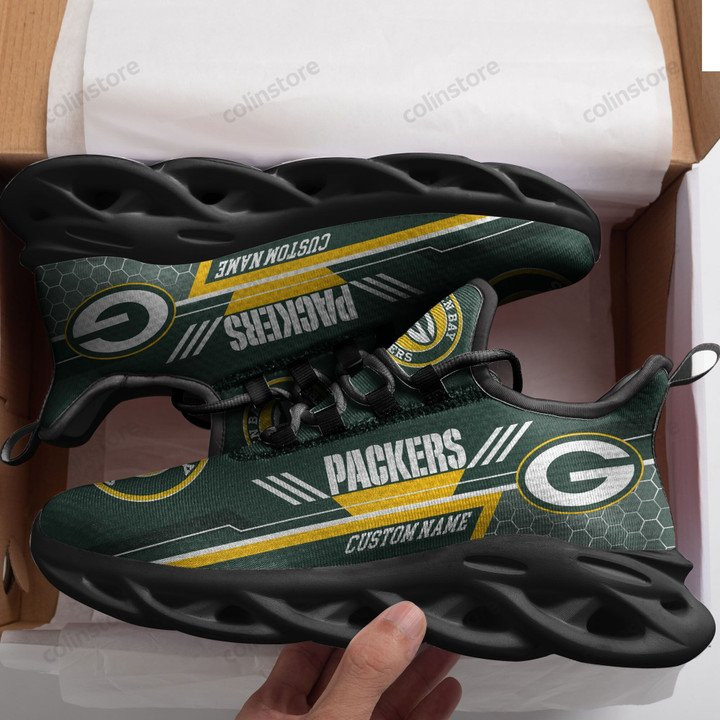 NFL Green Bay Packers Custom Name Green White Stripes Yellow Max Soul Shoes for Women and Men MS0601